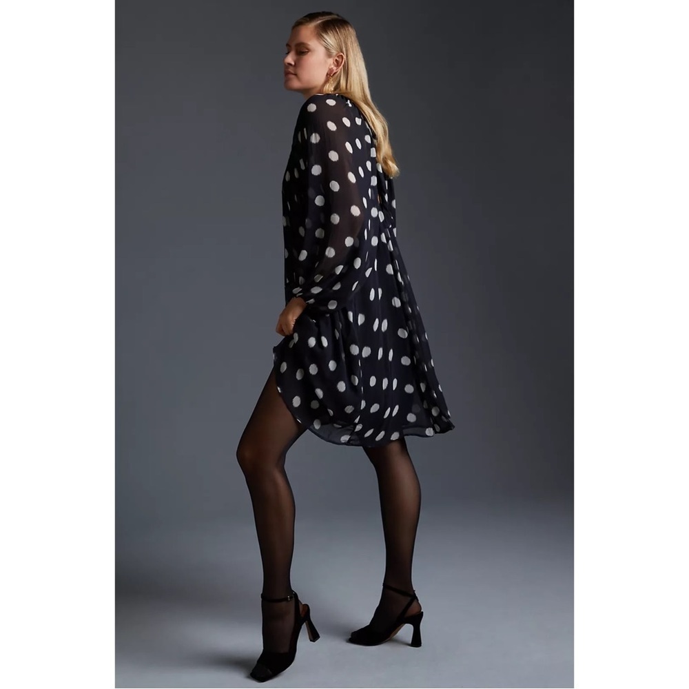 Anthropologie Maeve Black Sheer Long-Sleeve Polka Dot Mini Dress M NWT - Picture 9 of 11